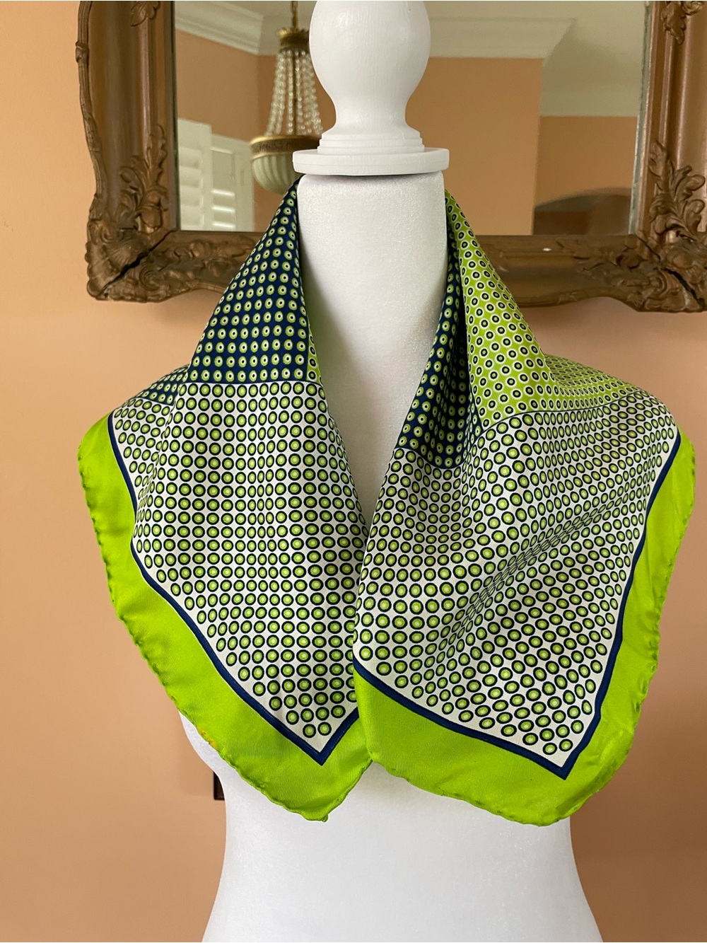 Vintage 100% Silk Made in Italy 
Lime Green Geometric Accent Square Scarf -